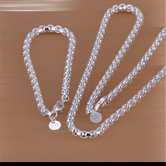 925 Sterling Silver 2PCS 4mm Round Box Chain Necklace 18” Bracelet 7” set unisex - Picture 5 of 6